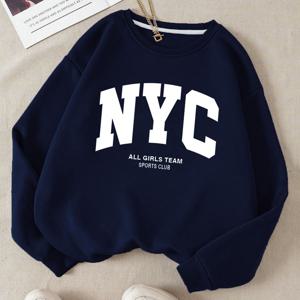 TEMU 여성 뉴욕 올 팀 스포츠 크루 넥 스웨트셔츠 - 해군 파란색과 흰색 문자 인쇄, 가을/겨울 캐주얼 웨어용 긴 소매 풀오버, 여성 스웨터