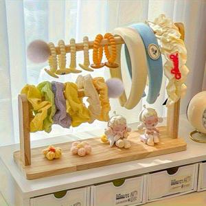 TEMU 고급 천연목재 이중층 주얼리 스탠드 - 네크리스, 시계 & 헤어밴드용 (걸이 후크와 선반 포함), 전원 불필요한 패션형 수납장, 우아한 액세서리 홀더