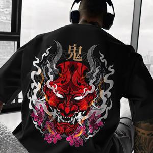 TEMU 남성용 오니 데몬 & 벚꽃 티셔츠 - 블랙 & 레드 한자 프린트, 루즈핏 여름 반팔 티, 오니 페이스 마스크 디자인, 캐주얼 애니메이션 만화 스타일 문화 팬을 위한 선물