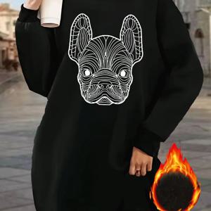 TEMU 여성용 프렌치 불독 라인 아트 그래픽 스웨트슈트 드레스 - 블랙 풀오버, 기계 세탁 가능 캐주얼~포멀 이벤트, 애완동물 러버 의류, 트렌디한 동물 프린트, 편안한 핏