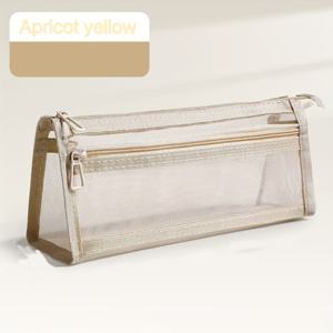 TEMU 모란디 그리드 메쉬 필통 핸들 및 지퍼 포함 투명 이중층 연필 가방, 여행용 메이크업 가방, 귀여운 투명 문구 보관 가방, 성인 사무실 대학에 적합 [4계절 사용 가능]|필통