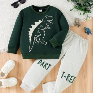 TEMU 2개 세트 소년용 공룡 프린트 후드티와 레터 프린트 팬츠 세트, 캐주얼 스타일, 약간의 신축성 있는 원단, 레귤러 핏, 풀오버 플래켓, 가을/겨울용, 소년에게 완벽, 야외 활동에 적합