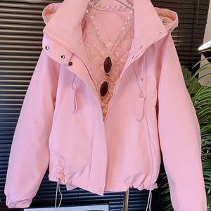 TEMU 여성용 핑크 후드 자켓 - 풀지퍼 클로저, 프린지 밑단 & 장식 매듭, 편안한 캐주얼 겨울 코트, H라인 실루엣, 가을과 겨울용 기계 세탁 가능한 아우터웨어, 다재다능한 일상복