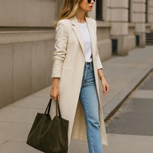 TEMU 여성용 우아한 롱 코트 - 테일러드 H라인 싱글 브레스티드 재킷, 사계절용 롱 슬리브 , 웨딩 및 여행용, 단색 (블랙/네이비/그레이/브라운), 세탁기 사용 가능, 프로페셔널 & 포멀 의상