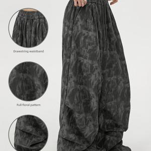 TEMU 여성용 스타일리시 블랙 플로랄 프린트 와이드 레그 팬츠 - 하이웨이스트, 끈 조절 허리띠, 전체 꽃무늬, 가을/겨울에 완벽, 캐주얼부터 포멀웨어까지, 캐주얼 웨어 팬츠 | 플로럴 프린트 팬츠 | 끈 조절 허리띠 팬츠, 레이디 와이드 레그 트라우저, 여성용 와이드 레그 트라우저, 여성용 바지/바지