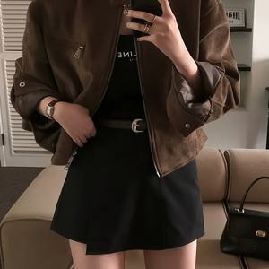 TEMU 여성용 한국/영감 빈티지 숏 모터사이클 재킷 - 레트로 브라운 봄버 코트, 풀 지퍼 프론트, 라운드 칼라 & 숏 길이, 한국 웨이브/K-드라마 스타일 캐주얼 아우터웨어 (손세탁 가능)|빈티지|여성의류|반팔