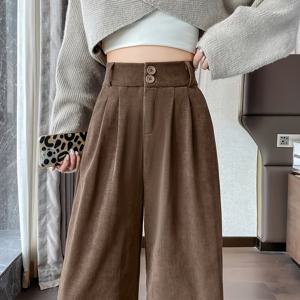 TEMU 여성용 하이웨이스트 코듀로이 팬츠 (프론트 지퍼 & 버튼 클로저) - 루즈핏 와이드 레그 트라우저, 탄성 허리 밴드, 포켓, 솔리드 컬러 캐주얼 작업복 (올 시즌용), 캐주얼 복장에 다용도, 하이웨이스트 팬츠, 편안한 패션
