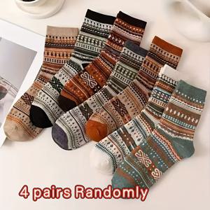 TEMU 4켤레 여성용 미드-캐프 양말 - 두꺼운 기하학 패턴, 갈색 & 베이지, 세탁기 사용 가능, 가을/겨울 패션, 캐주얼 착용 및 야외 활동에 완벽, 겨울 양말 | 기하학 패턴 양말 | 질감