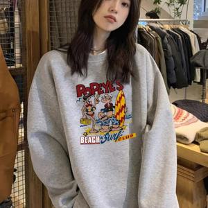 TEMU 플러스 사이즈, 여성용 오버사이즈 한일 애니메이션 그래픽 스웨터 - 포포이 비치 & 럭키 만화 프린트, 플러스 사이즈 캐주얼 겨울 풀오버, 부드러운 라운드넥 긴팔 스웨터, 애니메이션 팬을 위한 기하학 패턴 반소재, 가을과 겨울을 위한 편안한 핏, 세탁기 사용 가능, 한일 스타일, 애니메이션 디자인, 편안한 캐주얼 의상