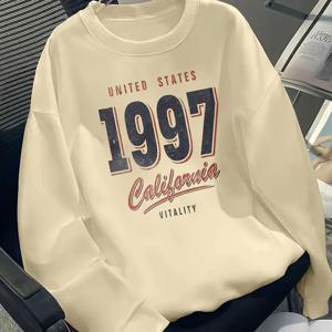 TEMU 소년용 빈티지 1997 레트로 캘리포니아 프린트 스웨트셔츠 - 베이지 오버사이즈 긴팔 티셔츠, 90년대 향수 디자인, 라운드 넥 캐주얼 탑, 세탁기 사용 가능 (1997년 미국 번호판 스타일)
