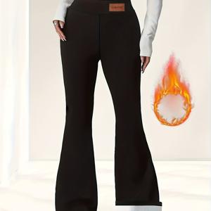 TEMU 여성용 하이웨이스트 겨울 보온 바지 - 두꺼운 단열 와이드 레그 벨바텀 팬츠, 탄력 있는 허리 & 벨트, 손세탁 가능한 추위 방지 레깅스, 성숙한 여성을 위한 세미 포멀 & 캐주얼 웨어 (블랙) - 따뜻한 스트레치 팬츠