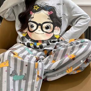 TEMU 여성용 포근한 회색 겨울 잠옷 세트, 만화 프린트 & 디자인, 긴소매, 크루넥, 캐주얼 스타일, 가을/겨울에 적합, 캐주얼 웨어, 포근한 잠옷, |장난기 넘치는 프린트|신축성 있는 원단, 여성용 잠옷, 여성용 플러스 사이즈 잠옷