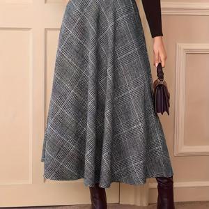 TEMU 여성용 하이웨이스트 A라인 맥시 스커트 - 우아한 체크 무늬 긴 원피스, 포켓, 벨트 없는 허리, 가을/겨울용 플레어 밑단, 오피스, 파티, 캐주얼 의상 - 시크한 포멀 & 데일리 스커트, 파티 복장, 오피스룩, 빈티지 스타일, 고품질 스티칭