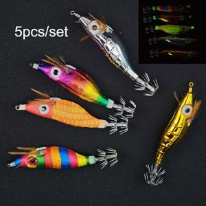 TEMU AVLCOAKY 5pcs 야광 낚시 루어 키트 - 야광 오징어 지그, 새우 & 새우 하드 베이트, 리얼한 눈, 다색 바다/민물 훅 웜, 야간 낚시, 참치, 고등어, 송어용 (인공 미끼)