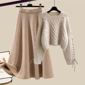 TEMU 2025신상 2pcs 여성 가을 라운드넥 꽈베기 니트 하이웨스트 니트스커트 투피스세트 빅사이즈 편한 캐주얼 날씬해보이는 코디세트 LKS-20|빅사이즈