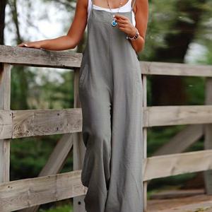 TEMU 여성 캐주얼 단색 점프수트, 폴리에스테르 100% 편안한 핏 오버올, 포켓 디테일, 올 시즌용 직조 원단, 스트랩 백 디자인 - 152 gsm