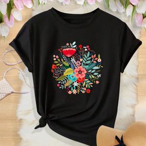TEMU 여성용 우아한 꽃무늬 반팔 티셔츠 - 블랙, 꽃다발 디자인, 라운드넥, 중간 신축성 원단, 세탁기 사용 가능, 사계절 캐주얼 탑, 비침 방지 소재