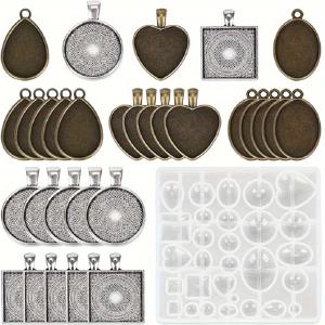 TEMU 30개 5가지 스타일의 금속 펜던트와 1개 실리콘 에폭시 레진 주얼리 주조 몰드가 포함된 레진 주얼리 펜던트 트레이 만들기 키트, 수제 주얼리 선물 만들기용