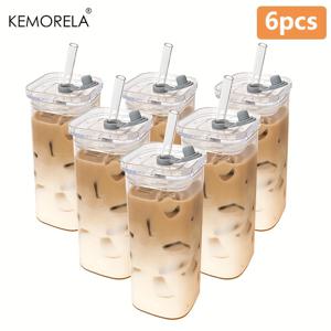 TEMU KEMORELA 4/6개입 380ml/12oz 휴대용 마우스 - 뚜껑과 빨대가 있는 독특한 직사각형 내열 유리컵, 내구성 강화 및 깨지지 않는 디자인, 뜨겁거나 차가운 음료에 적합, 단품 포장, 이동 중 사용에 완벽