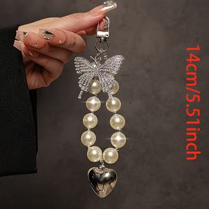 TEMU 고급스러운 라인스톤 나비 진주 핸드 스트랩 짧은 체인 클립 폰 케이스 가방 참, 대형 라인스톤 나비 진주 팔찌 포함 투명 클립|핸드폰스트랩