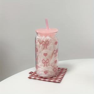 TEMU 1개 16온스 귀여운 핑크 리본 프린트 플라스틱 물병, 빨대와 뚜껑이 있는 단일층 플라스틱 캔, 커피컵, 여행용 머그잔, 친구 선물용, 어머니날, 여름 하이드레이션, 빈티지 음료 용기, 축제 컵, 사무실 수화, 여행용 플라스크