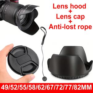 TEMU 튤립 플라워 렌즈 후드 세트 + 렌즈 캡 + 분실 방지 끈 - 캐논, 니콘, 소니 카메라 호환 - 49mm/52mm/55mm/58mm/62mm/67mm/72mm/77mm/82mm - 보호용 렌즈 캡, 컴팩트 디자인,고품질 플라스틱,여행 사진작가,전문 사진작가