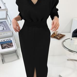 TEMU 가을 겨울 여성 캐주얼 V넥 솔리드 컬러 긴팔 드로스트링 허리 루즈핏 포켓 후드 드레스, 슬릿 헴 디자인, 스타일리시하고 다용도로 따뜻한 안감, 데일리 아웃팅에 편안한 A7401-1|여성원피스|인견원피스|가을원피스