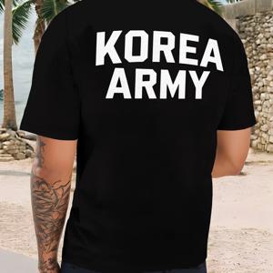 TEMU KOREA ARMY 그래픽 프린트 남성용 캐주얼 반팔 티셔츠 - 100% 폴리에스터 경량 150gsm, 통기성 좋은 여름용 티, 대담한 뒷면 디자인, 세탁기 사용 가능 레귤러 핏