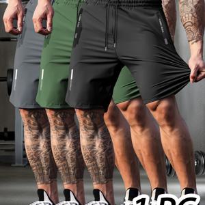 TEMU 남성용 고탄력 아이스 슬리키 섬유 원단 운동 바지, 지퍼 포켓, 반사 프린트, 통기성 드로스트링 스포츠 반바지, 러닝, 요가, 훈련, 하이킹, 여름 슬림핏