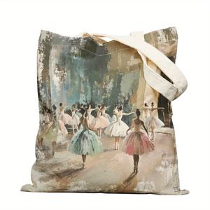 TEMU 1개 레트로 발레 스튜디오 그림 핸드백 - 대용량 가벼운 재사용 쇼핑백, 무용 디자인, 화이트 폴리에스터, 직장 체육관 여행 해변용, 여성을 위한 스타일리시 선물, 해변 핸드백 | 레트로 발레 디자인 | 중성 색상 스킴