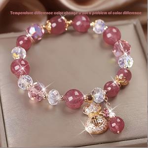 TEMU 중국식 딸기 비즈 팔찌, 돈 가방 펜던트, 코팅 장식, 여성용 레진 패션 보석, 모든 계절에 적합한 일상 착용 및 파티 액세서리