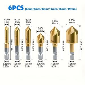 TEMU 6피스 세트 육각 핸들 티타늄 코팅 다섯면 챔퍼링 도구; 구멍이 있는 목공용 챔퍼링 툴; 버리 제거 연장 밀링 커터; 모바일 드릴 비트; 카운터싱크 드릴 비트