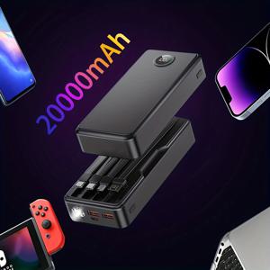 TEMU 20000mAh, 휴대용 충전기, 내장 케이블, 3개의 출력 포트, 2개의 입력 포트, LED 손전등 디지털 디스플레이 스크린, 22.5W 고속 충전 전원 공급 장치, 여러 사람에게 동시에 사용할 수 있는, 야외 비상 전원 백업 배터리 팩|보조배터리20000