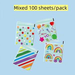 TEMU 100/200매 (1팩), 무지개 패턴 자체 접착 포장백, 10*10cm 투명 봉투, 점, 줄무늬, 풍선, 무지개 패턴 디자인, 선물 장식용, 선물 포장백