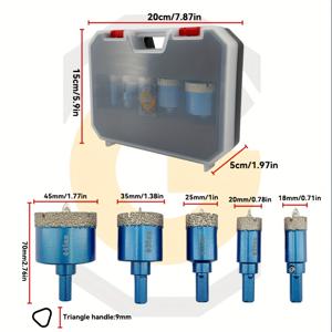 TEMU 블루 포지셔닝 유리 구멍 오프너 세트, 18/20/25/35mm 홀 쏘우 5pcs 포함, 육각 키 2개, 타일 드릴링 비트, 대형 마감재 및 석재용 브라징 건식 드릴링 도구