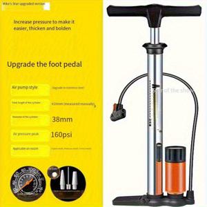 TEMU 업그레이드된 스테인리스 스틸 자전거 펌프 - 대형 바렐 바디, 강력한 파워, 자전거, 전기차, , 자동차, 농구 공 풍선 등 다용도로 사용 가능 - 공기 노즐 및 바로메터 포함, 타이어 충전용 자전거 펌프, 차량 타이어 충전, 세련된 금속 마감, 내구성 있는 구조|전기자전거
