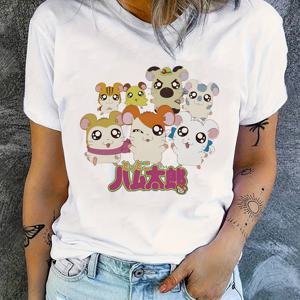 TEMU 1개 여성용 애니메이션 스타일 만화 햄스터 그래픽 티셔츠 - 귀여운 리본과 꽃이 달린 햄스터, 일본어 텍스트 디자인, 부드러운 라운드넥 반팔 티, 세탁기 사용 가능 봄 여름 캐주얼 상의, 한정판 그녀를 위한 선물, 햄스터 의류, 유쾌한 디자인, 편안한 핏, 젊은 패션, 가벼운 소재, 애니메이션 팬을 위한 재미있는 프린트