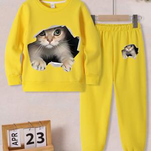 TEMU 소녀용 만화 고양이 라운드 넥 스웨트셔츠 + 창고 2피스 세트, 가을 겨울용 패션 귀여운 캐주얼 오넥 패치워크 후드티, 저렴한 아동복, 야외 활동용