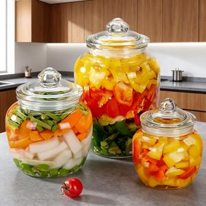 TEMU 3개 대용량 두꺼운 유리 밀폐 용기 뚜껑 포함 - 주방 및 식당용 피클 용기, 김치 항아리, 메이슨 병, 꿀병, 발효 피클, 건조 및 곡물 보관에 완벽