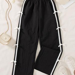 TEMU 여아용 캐주얼 솔리드 컬러 바지 - 탄력 있는 허리밴드 & 리본 디테일, 긴 길이, 비신축성 원단, 봄/가을 외출용 레귤러 핏, 스타일리시한 허리밴드, 야외 활동 및 놀이용, 디자인, 손세탁 가능, 선물 아이디어, 캐주얼 애호가를 위한