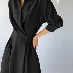TEMU 신상 가을 겨울 프렌치 엘레강스 패션 멀티 롱 슬리브 셔츠 드레스, 데일리 커뮤팅 아웃핏, 다용도 데일리 웨어, 프렌치 스타일 드레스, 솔리드 컬러 드레스, 감성, 클래식 실루엣, 고급 드라이클리닝 전용, 내구성 있는 겨울 소재, 성인 여성 패션|가을원피스