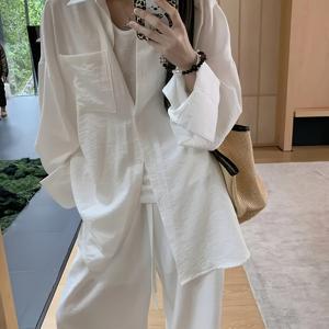 TEMU 여성 캐주얼 루즈핏 바캉스 셔츠 탑 + 와이드 레그 팬츠 세트 - 단색 긴소매 버튼업 포켓, 올 시즌 편안함, 레귤러 핏, 올 시즌 착용, |캐주얼 스타일|버튼업 셔츠, 여성 탑 및 블라우스