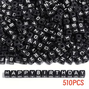 TEMU 500개 대형 6mm 블랙 스퀘어 아크릴 알파벳 비즈 A-Z (A-Z 차트) - DIY 알파벳 ABC 주얼리 만들기, 팔찌, 목걸이, 키체인용, 숫자 없는 영문자 DIY 공예 및 교육용