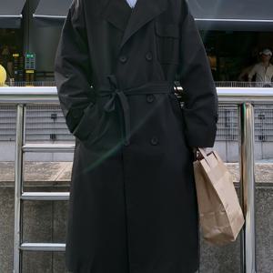 TEMU 남성용 캐주얼 폴리에스테르 트렌치 코트 - 봄/가을 롱 길이 더블 브레스트 (포켓, 라펠 칼라, 루즈핏, 단색) - 외출, 파티, 휴일 행사에 이상적