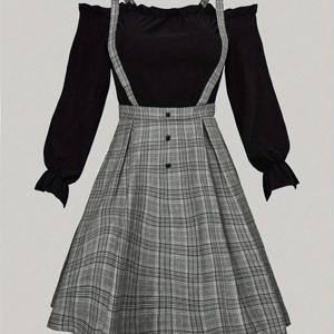 TEMU 플러스 사이즈, 플러스 사이즈 2-in-1 콜드 숄더 드레스 퍼프 슬리브 - 숏 A라인 체크 프린트 (블랙/화이트/탄) 양면 변환 가능한 파티 웨딩 게스트 드레스, 세탁기 사용 가능한 우아한 숏 드레스 프로모션 및 특별한 날을 위한