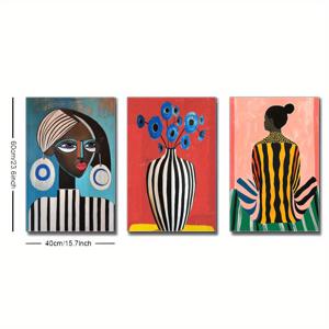 TEMU 3pcs 프레임된 장식적 앙상블, 현대 우주 미술 해석 아프리카 소녀 초상화, 빨간 배경에 꽃이 있는 바구니, 추상 스타일 타이포그래피 포스터, 스타일, 거실, 카페, 집과 기숙사 벽 장식, 바