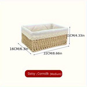 TEMU 손으로 짠 수납 바구니, 탈착 가능한 레이스 안감이 있는 데스크탑 라탄 수납 바구니, 화장품 보관에 적합, 데스크탑 서랍 수납, 선물 바구니, 실내 장식, 선반 바구니, 스타일 라탄 수납 바구니 세트 - 수제 화장품 및 잡다한 보관 상자, 빈티지 컨트리 스타일, 패브릭 안감, 홈 정리용, 홈 정리용 수납 상자, 선반 바구니