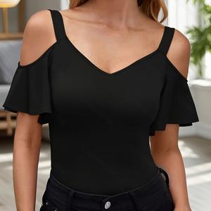 TEMU 스타일리시 숏 슬리브 오프숄더 블랙 섹시 원피스 티셔츠 - 슬림핏 디자인