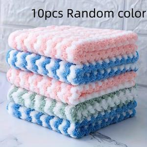 TEMU 10pcs 초저감성 마이크로파이버 주방 수건 - 오일 및 먼지 없는, 접시 및 카운터탑에 완벽한, 쉬운 청소, 현대 스타일, 사각형, 손세탁 전용, 파란색, 핑크, 녹색 줄무늬