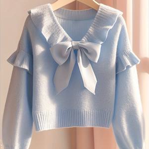 TEMU 여성용 우아한 블루 보우 스웨터 - 소프트 V넥 긴팔 풀오버, 앞면 리본 디테일, 세탁기 및 손세탁 가능, 캐주얼 시크 가을/겨울 캐주얼 탑, 스웨터 드레스
